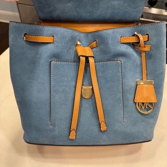 Michael Kors Women’s “Romy” Denim Blue Suede & Tan Leather Backpack NWT - Picture 3 of 16